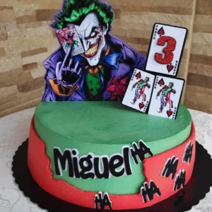 Arquivo de corte digital de topo de bolo no tema Coringa em formato Studio para Silhouette, mostrando a silhueta do personagem com seu sorriso icônico, naipes de cartas de baralho, balões de diálogo com risadas "Haha" e detalhes urbanos dispostos em camadas prontas para recorte tridimensional.