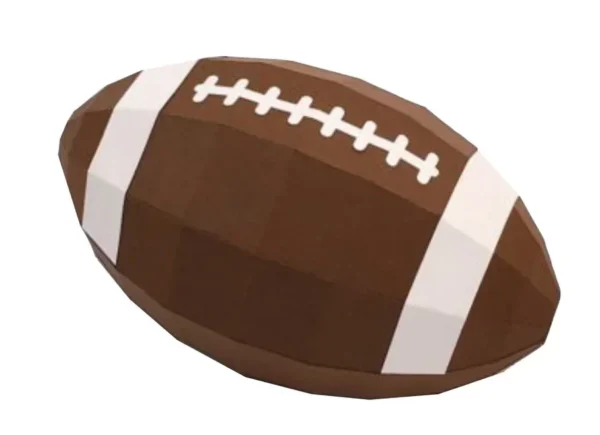 Arquivo de corte digital de bola de futebol americano em 3D nos formatos Studio, SVG e DXF, mostrando os gomos curvos e as linhas de costura estruturados em camadas prontas para montagem tridimensional.