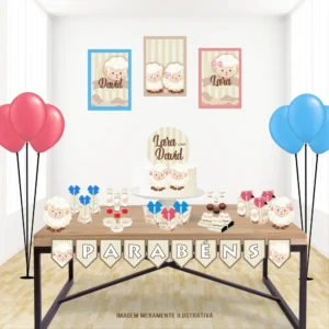 Lembrancinha personalizada para chá revelação com estampa de ovelhinha fofa em rosa e azul. Arquivo de corte digital nos formatos Studio e PDF.