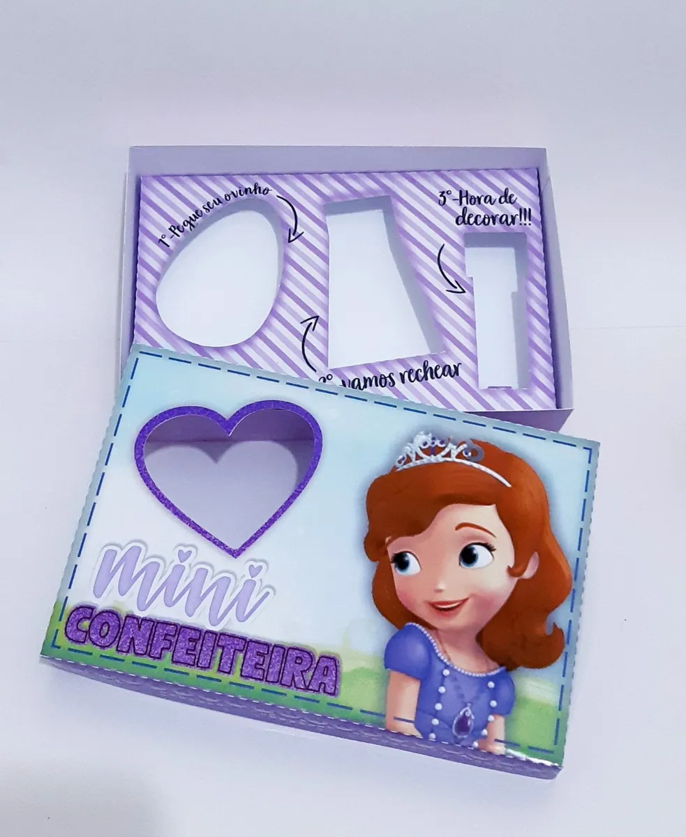 Caixa personalizada mini confeiteiro de Páscoa com a Princesa Sofia e detalhes de coroa real. Arquivo de corte digital nos formatos Studio e em PDF.