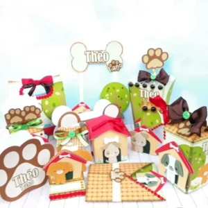 Lembrancinha personalizada de aniversário infantil com estampa de cachorro fofo. Arquivo de corte digital nos formatos Silhouette Studio e arquivo PDF.