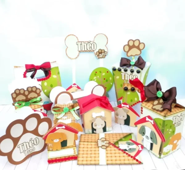 Lembrancinha personalizada de aniversário infantil com estampa de cachorro fofo. Arquivo de corte digital nos formatos Silhouette Studio e arquivo PDF.