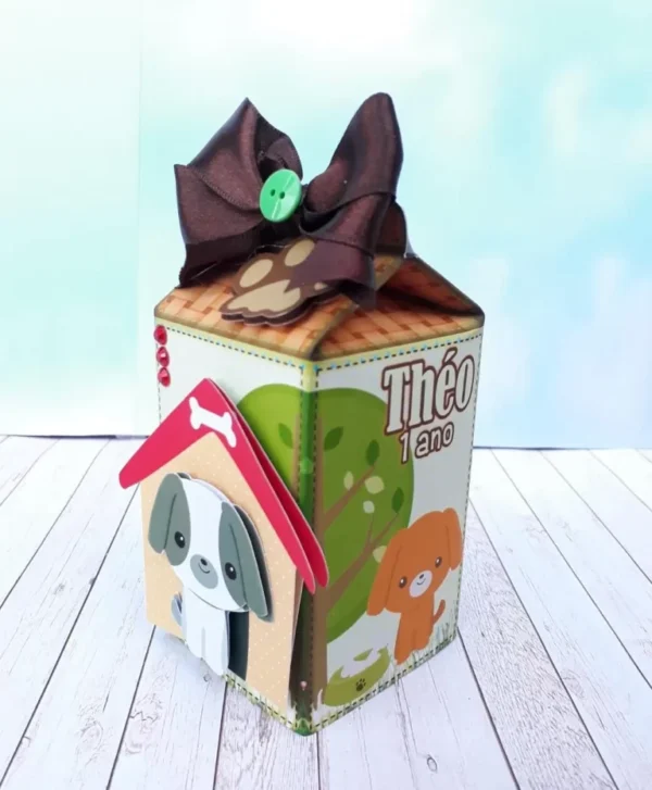 Kit de artes e moldes de caixas para doces de aniversário com o tema de cachorros. Arquivo digital em alta qualidade nos formatos Studio e PDF.