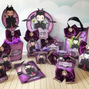 Arquivo de corte para decoração de aniversário Malévola com chifres, cetro e corvos em formato Studio para Silhouette em alta resolução.