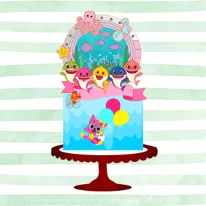 Topper de bolo personalizado do Baby Shark com tubarões coloridos e algas marinhas. Arquivo de corte digital configurado para Silhouette Studio.