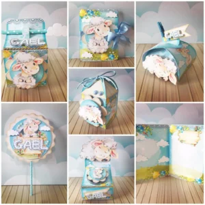 Kit imprimível de decoração de festa no tema Ovelhinha nos formatos Studio, PNG e PDF em alta resolução para corte.