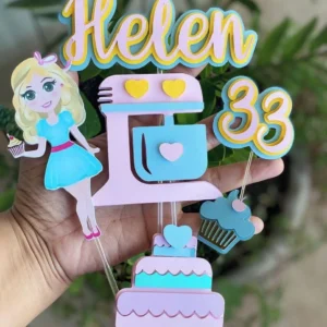 Topper de bolo personalizado no tema confeitaria com doces, cupcakes e batedeira em camadas. Arquivo de corte digital para Silhouette Studio.