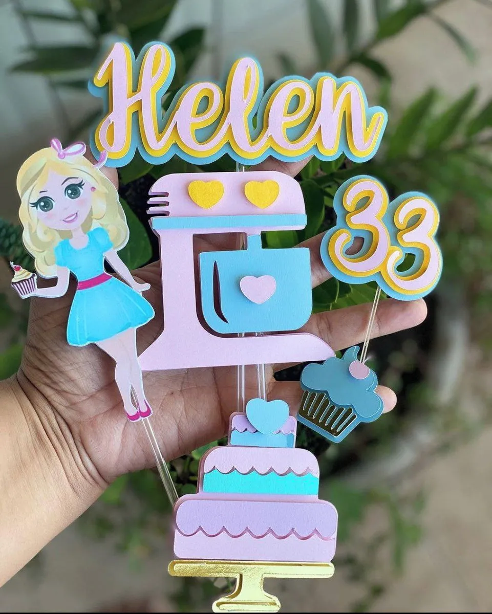 Topper de bolo personalizado no tema confeitaria com doces, cupcakes e batedeira em camadas. Arquivo de corte digital para Silhouette Studio.