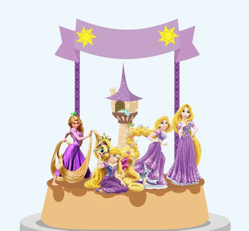 Topo de bolo personalizado no tema Rapunzel no formato Studio para corte na Silhouette com apliques em camadas.