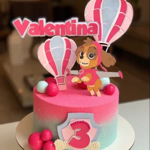 Topper de bolo personalizado com a personagem Skye da Patrulha Canina e balões voando. Arquivo de corte digital para Silhouette Studio para festa.