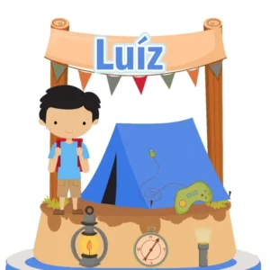 Arquivo de corte digital de topo de bolo no tema Acampamento em formato Studio para Silhouette, mostrando uma barraca de camping, fogueira com chamas, árvores de pinheiro, montanhas ao fundo e marshmallows no espeto prontos para recorte em camadas.