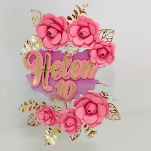 Arquivo de corte digital de topo de bolo de Flores Rosas em formato Studio para Silhouette, mostrando uma composição elegante de rosas clássicas em espiral, botões de flores, ramos e folhas delicadas dispostos em camadas para recorte tridimensional.