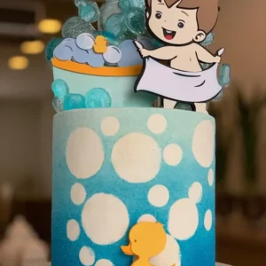 Arquivo de corte digital de topo de bolo no tema Hora do Banho em formato Studio para Silhouette, mostrando uma banheira vintage com espuma, patinhos de borracha amarelos, bolhas de sabão translúcidas e gotinhas dispostas em camadas prontas para recorte tridimensional.