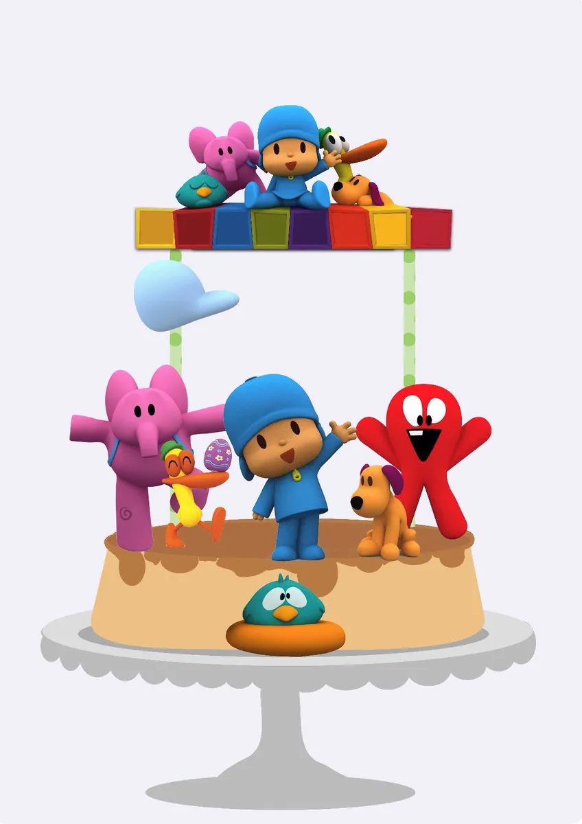 Topper de bolo personalizado com o personagem Pocoyo e seus amigos em cores vivas. Arquivo de corte digital para Silhouette Studio para festa.
