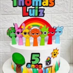 Topper de bolo personalizado com os personagens musicais e coloridos do tema Sprunki. Arquivo de corte digital para Silhouette Studio para festa.