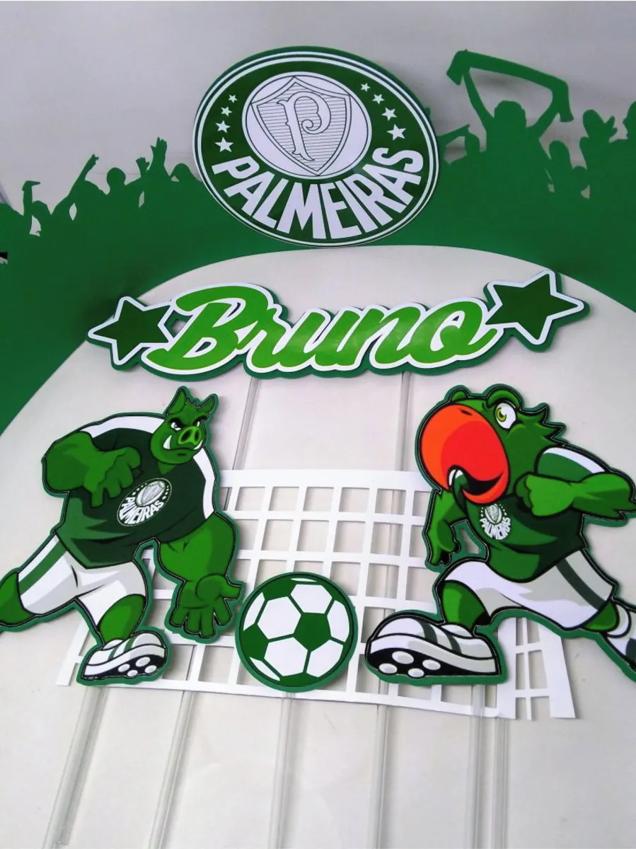 Topper de bolo personalizado do time Palmeiras com brasão oficial e estrelas em camadas. Arquivo de corte digital configurado para Silhouette Studio.