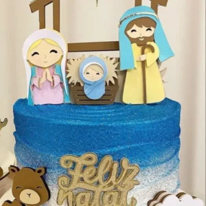Topper de bolo personalizado com cena do presépio de Natal e Sagrada Família. Arquivo de corte digital para Silhouette Studio para decoração de festa.