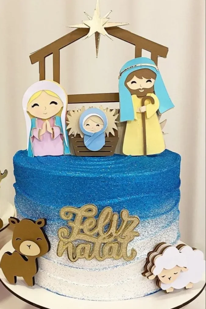 Topper de bolo personalizado com cena do presépio de Natal e Sagrada Família. Arquivo de corte digital para Silhouette Studio para decoração de festa.