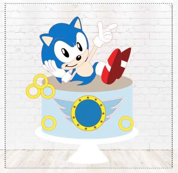 Topper de bolo personalizado do Sonic correndo com anéis de ouro em camadas de papel. Arquivo de corte digital para Silhouette Studio.
