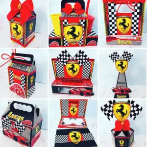 Visão geral dos itens do kit de decoração de aniversário tema Ferrari nos formatos Studio e PDF para cortar e imprimir.
