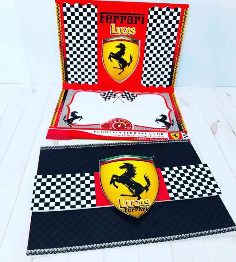 Exibição do kit completo de decoração de aniversário tema Ferrari nos formatos digitais Studio e PDF para festas.
