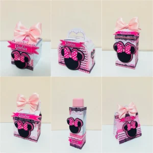 Lembrancinha personalizada de aniversário com silhueta da Minnie Rosa e laço de bolinhas brancas. Arquivo de corte digital para Silhouette Studio.
