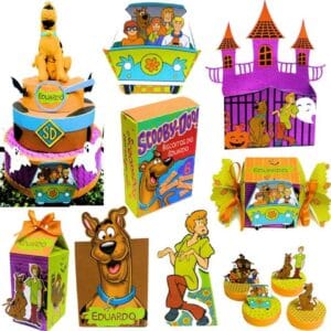 Lembrancinha personalizada de aniversário com o cachorro Scooby Doo e a van Máquina do Mistério. Arquivo de corte digital para Silhouette Studio.