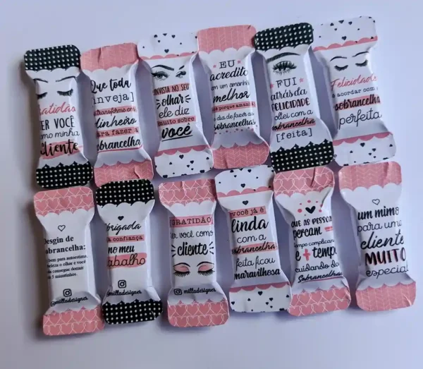 Rótulo de bala personalizado com temática de estética e sobrancelhas. Arquivo de corte digital em alta resolução nas extensões PDF e imagem PNG.