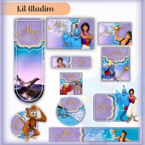 Kit de etiquetas escolares no tema Aladim nos formatos Studio, CDR, PNG e PDF em alta resolução com a lâmpada mágica e Jasmine.
