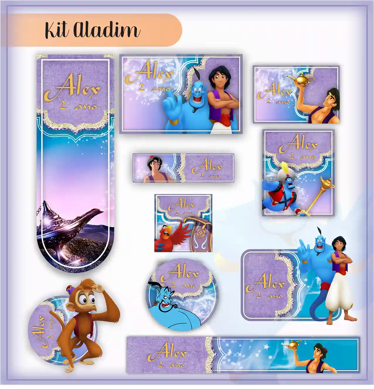 Kit de etiquetas escolares no tema Aladim nos formatos Studio, CDR, PNG e PDF em alta resolução com a lâmpada mágica e Jasmine.