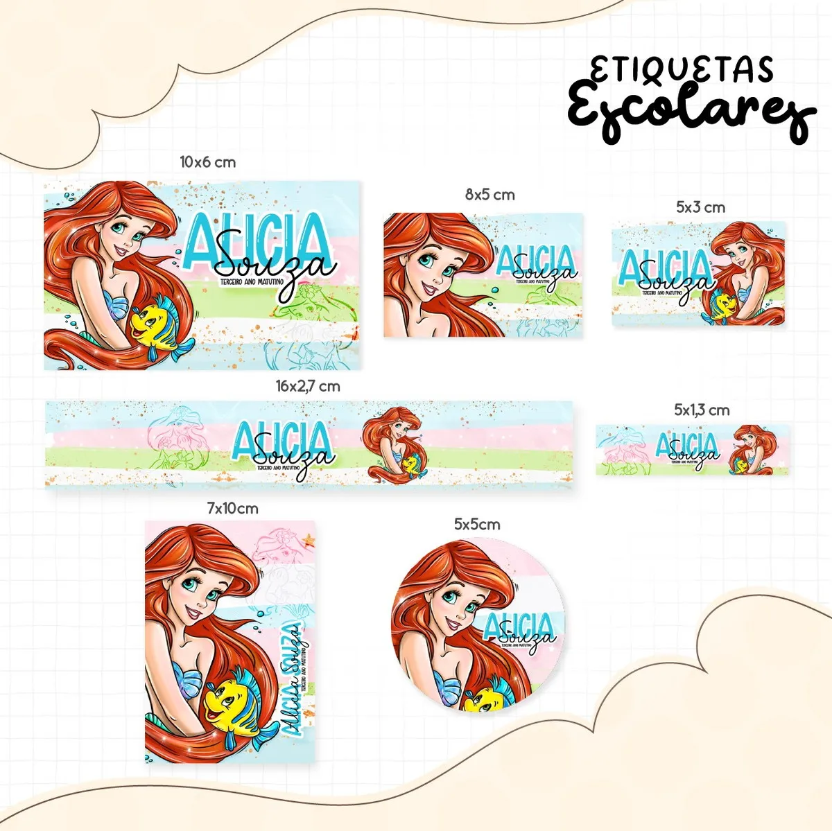 Kit de etiquetas escolares no tema Ariel nos formatos Studio, PNG, DXF e PDF em alta resolução com a Pequena Sereia.