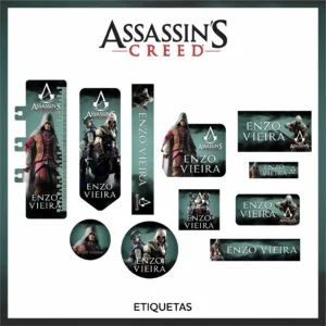 Kit de etiquetas escolares no tema Assassin's Creed nos formatos Studio, PNG e PDF em alta resolução com elementos do jogo.