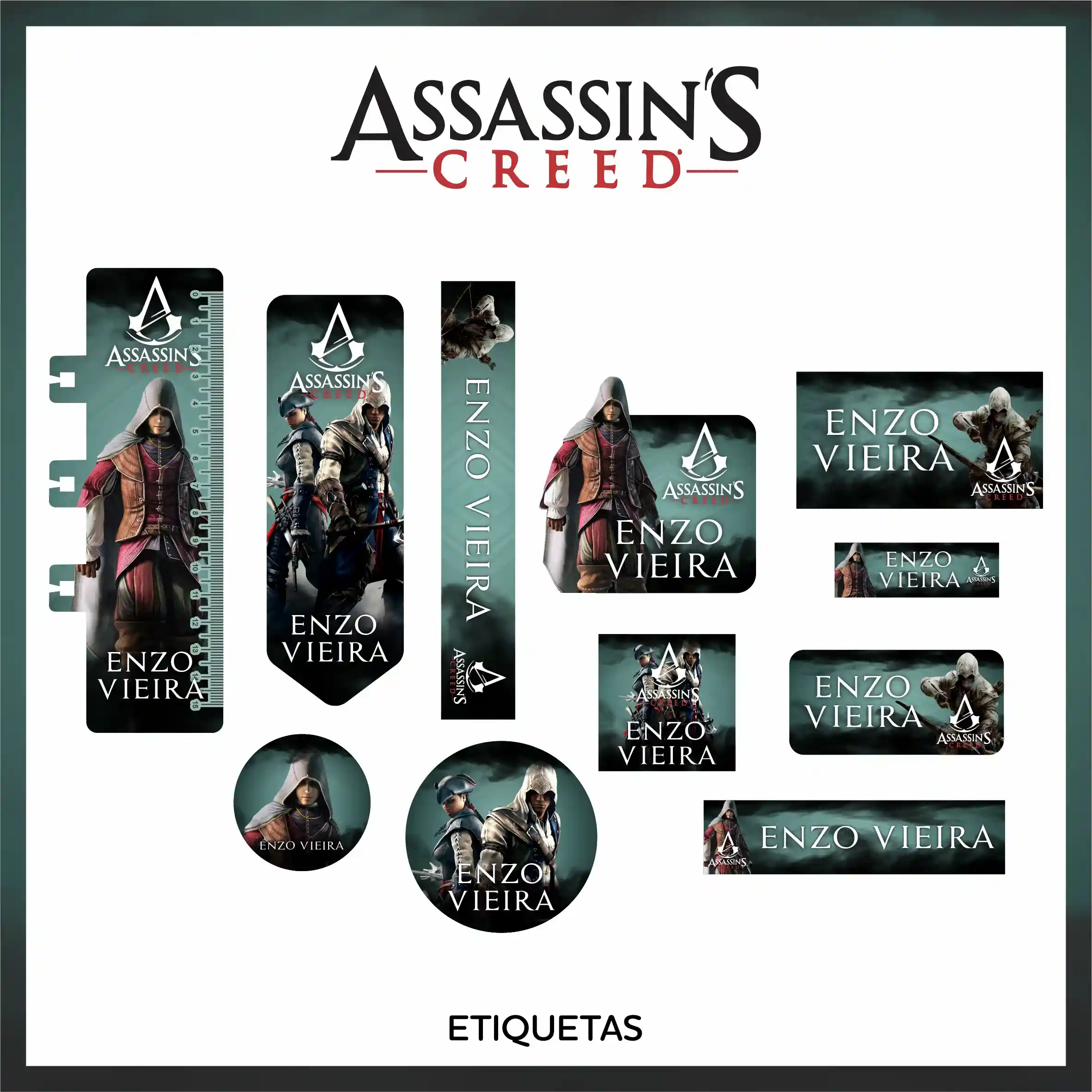 Kit de etiquetas escolares no tema Assassin's Creed nos formatos Studio, PNG e PDF em alta resolução com elementos do jogo.