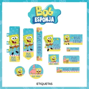 Kit de etiquetas escolares no tema Bob Esponja nos formatos Studio, PNG e PDF em alta resolução com o personagem e Patrick.