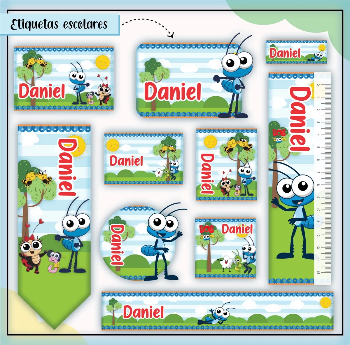 Kit de etiquetas escolares no tema Bob Zoom nos formatos Studio, PNG e PDF em alta resolução com a formiguinha e seus amigos.