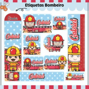 Kit de etiquetas escolares no tema Bombeiro nos formatos Studio, PNG e PDF em alta resolução com caminhão e elementos de resgate.