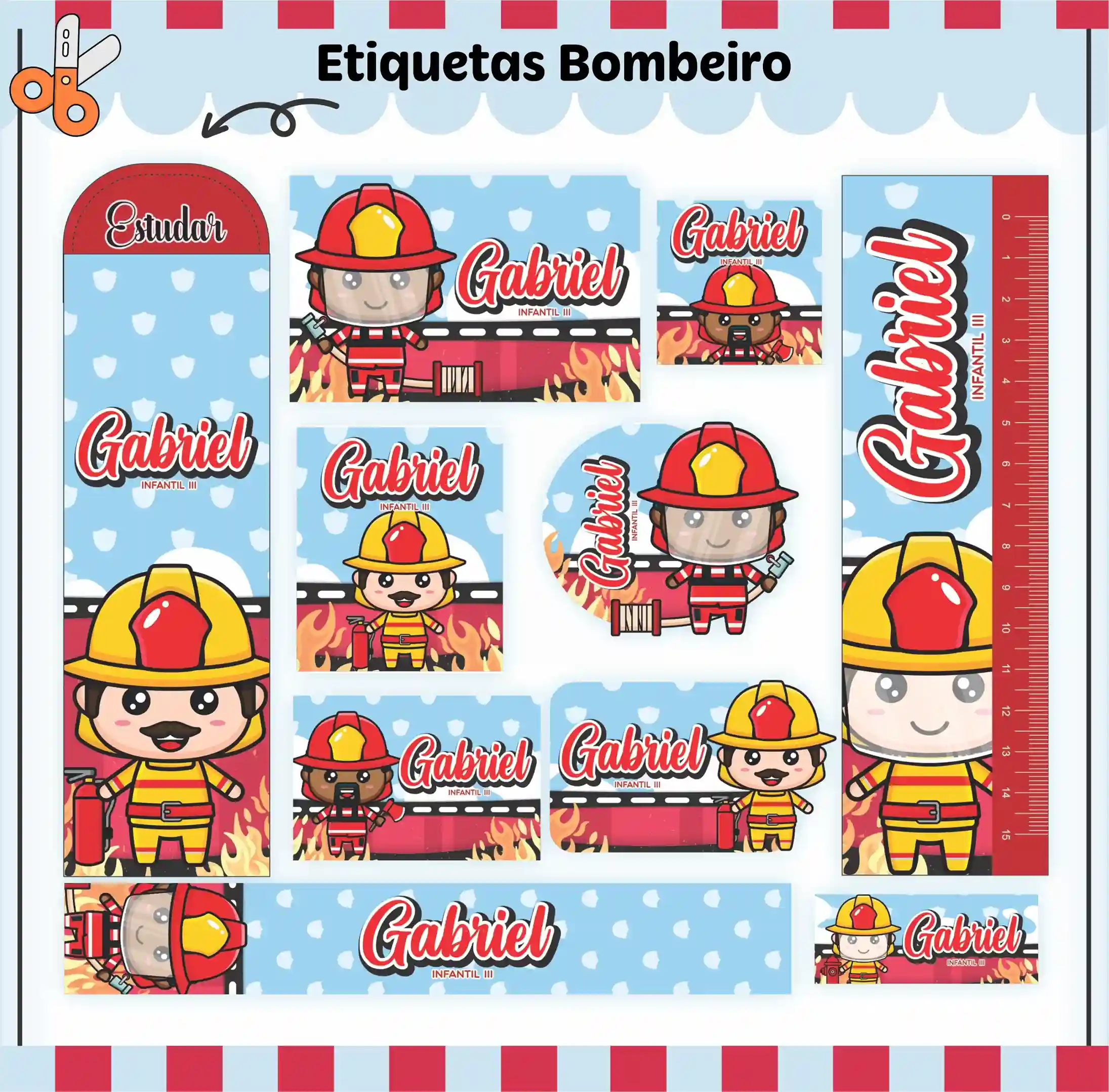 Kit de etiquetas escolares no tema Bombeiro nos formatos Studio, PNG e PDF em alta resolução com caminhão e elementos de resgate.