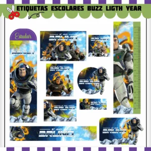 Kit de etiquetas escolares no tema Buzz nos formatos Studio, PNG, CDR e PDF em alta resolução com o patrulheiro espacial.
