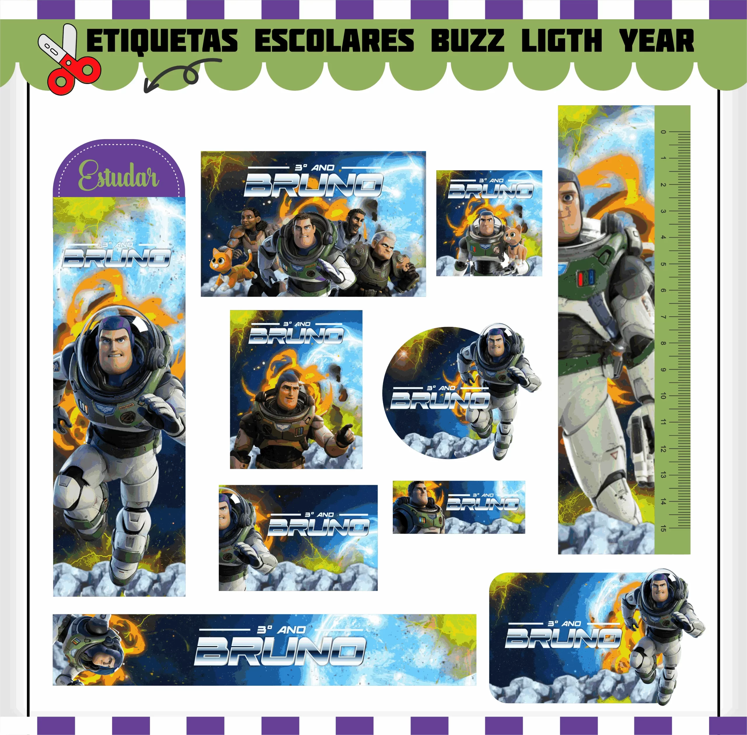 Kit de etiquetas escolares no tema Buzz nos formatos Studio, PNG, CDR e PDF em alta resolução com o patrulheiro espacial.
