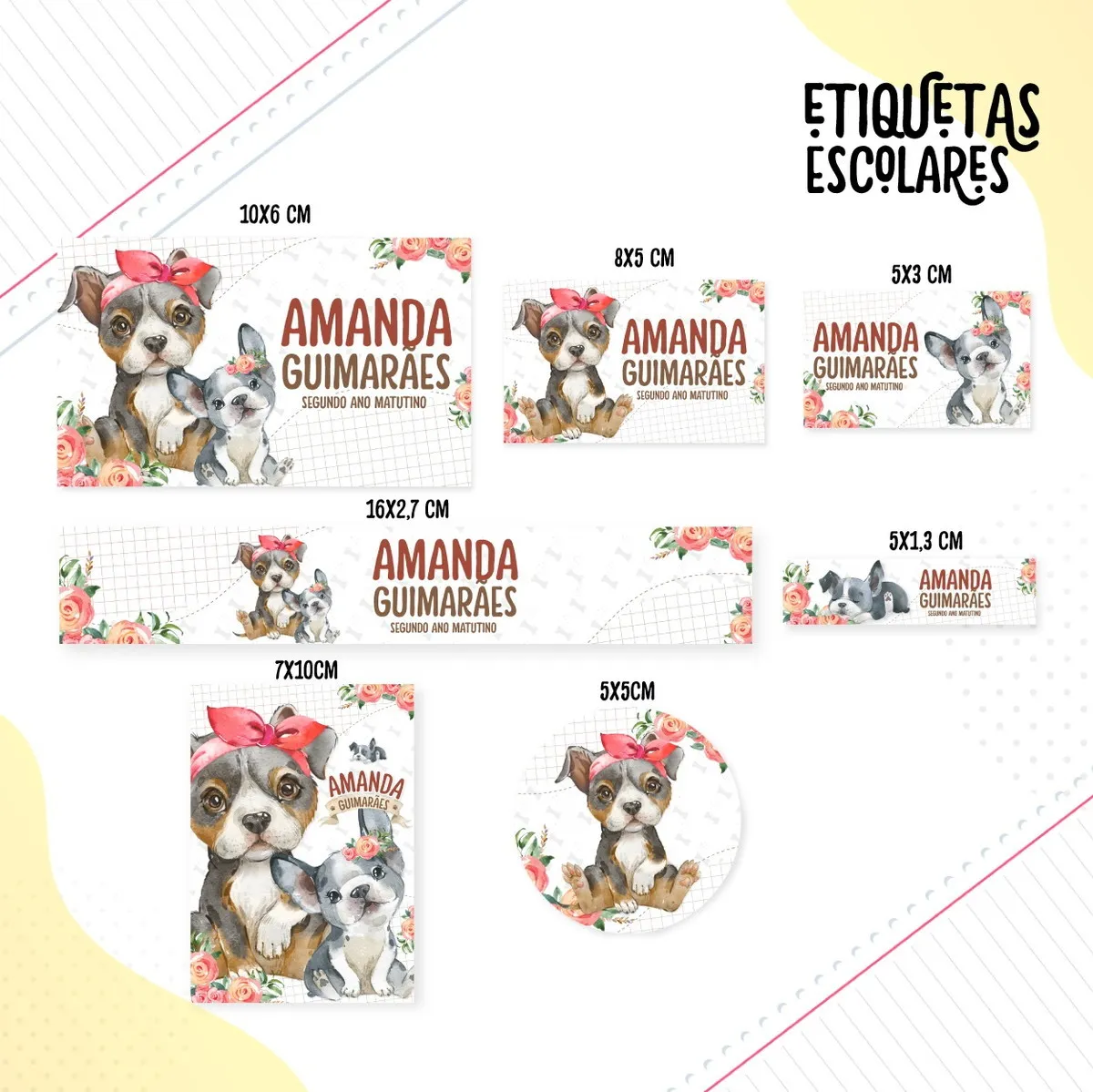 Kit de etiquetas escolares no tema Cachorrinho nos formatos Studio, DXF e PNG em alta resolução com patinhas de pet fofas.