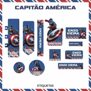 Kit de etiquetas escolares para imprimir no tema Capitão América em alta resolução para cadernos e materiais.