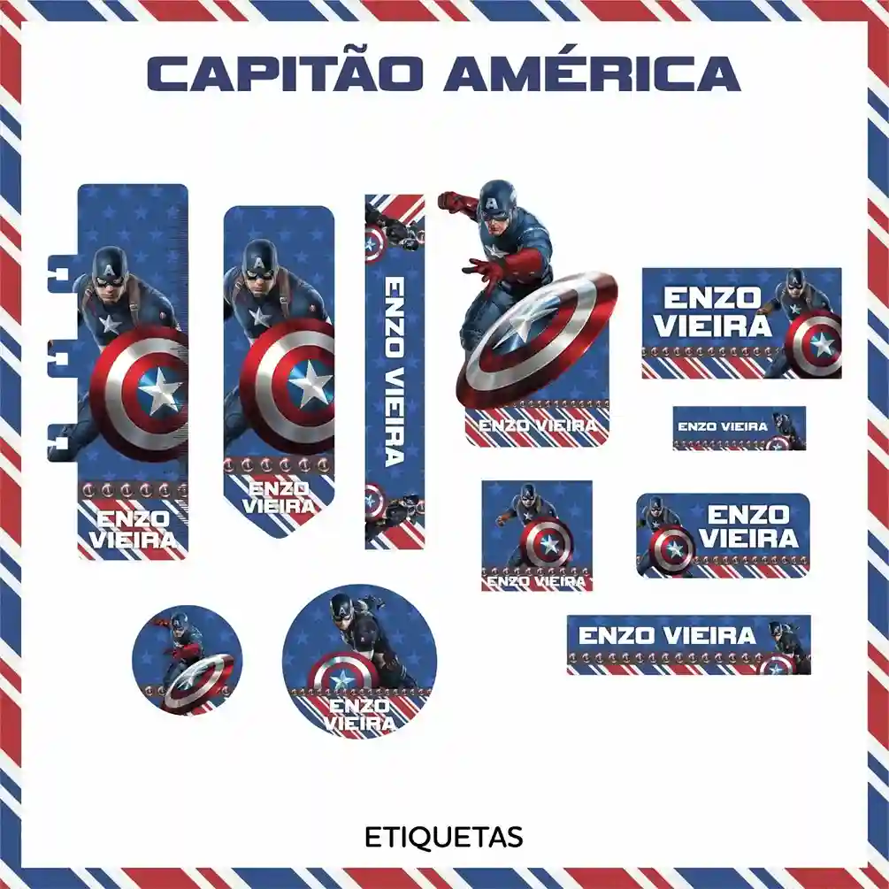 Kit de etiquetas escolares para imprimir no tema Capitão América em alta resolução para cadernos e materiais.