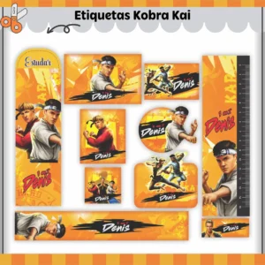 Kit de etiquetas escolares no tema Cobra Kai nos formatos Studio, PNG e PDF em alta resolução com o cobra do dojo.