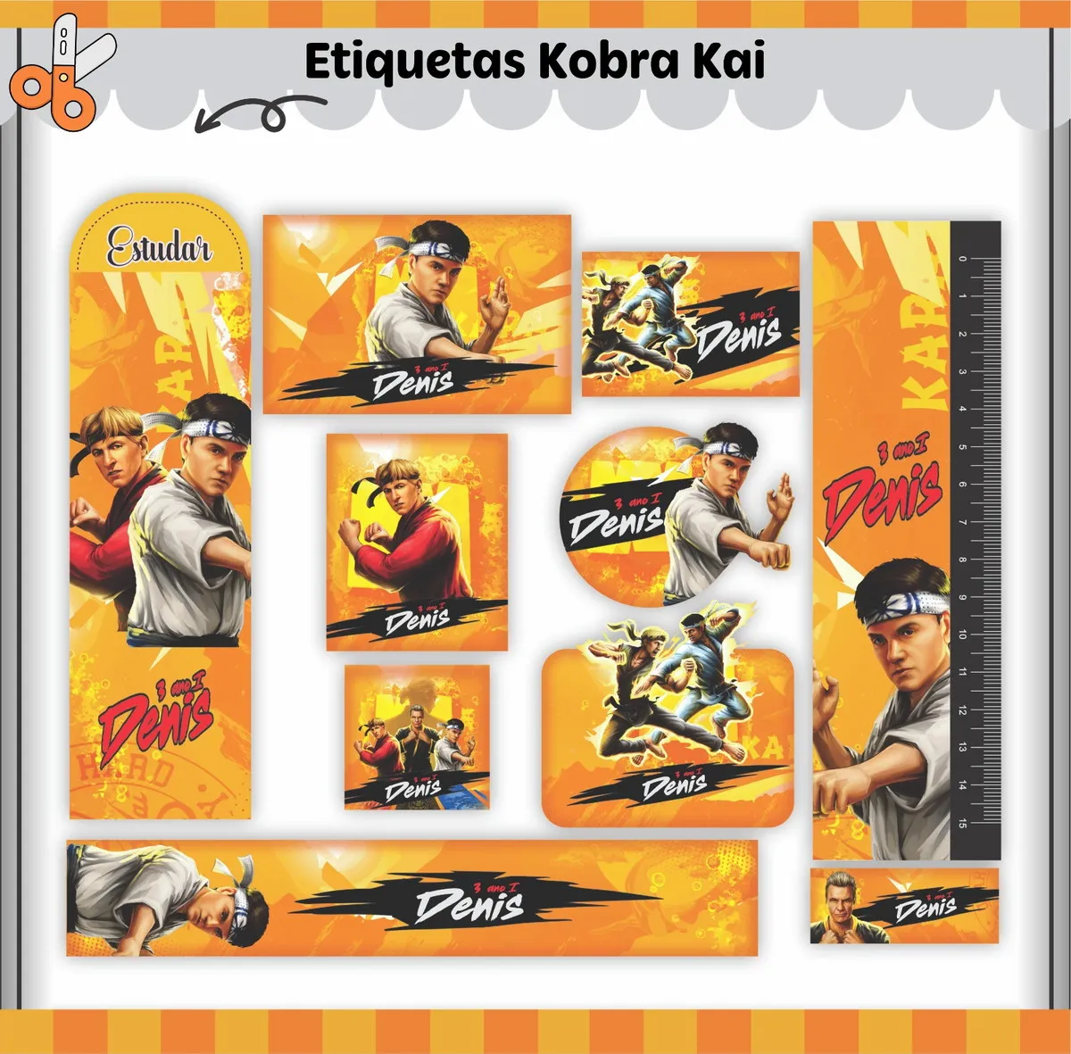 Kit de etiquetas escolares no tema Cobra Kai nos formatos Studio, PNG e PDF em alta resolução com o cobra do dojo.