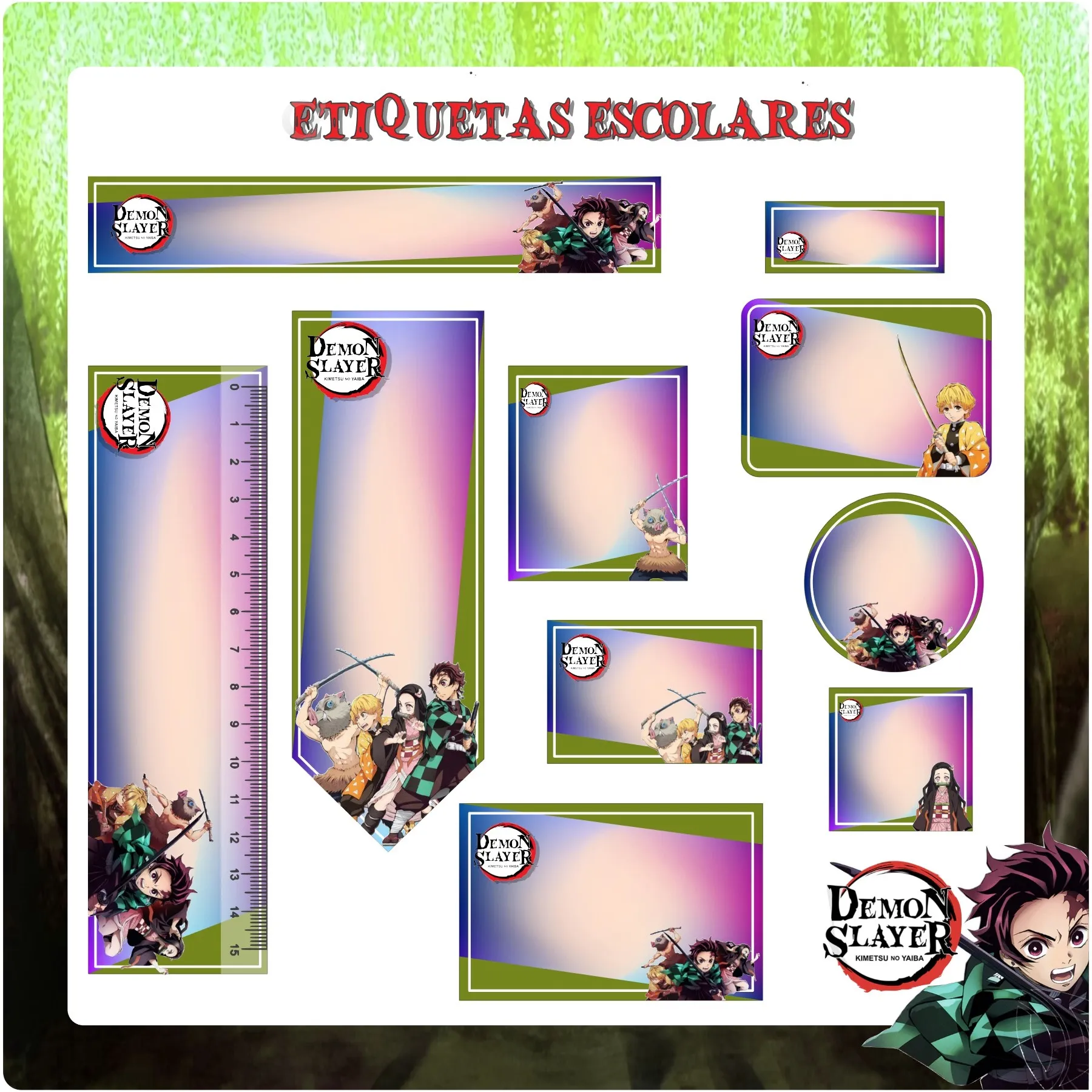 Kit de etiquetas escolares no tema Demon Slayer em formato Studio para corte na Silhouette com Tanjiro e Nezuko.