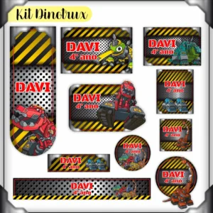 Kit de etiquetas escolares no tema Dinotrux nos formatos Studio, PNG, CDR e PDF em alta resolução para cadernos.