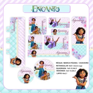 Kit de etiquetas escolares no tema Encanto Disney nos formatos Studio, PNG e PDF em alta resolução com a família Madrigal.