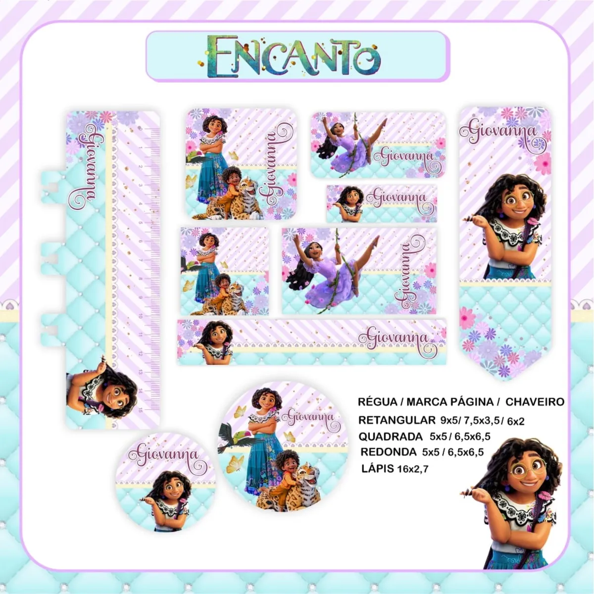 Kit de etiquetas escolares no tema Encanto Disney nos formatos Studio, PNG e PDF em alta resolução com a família Madrigal.