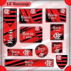 Kit de etiquetas escolares personalizadas do Flamengo para imprimir com escudo e elementos do time em alta resolução nos formatos PDF e PNG.
