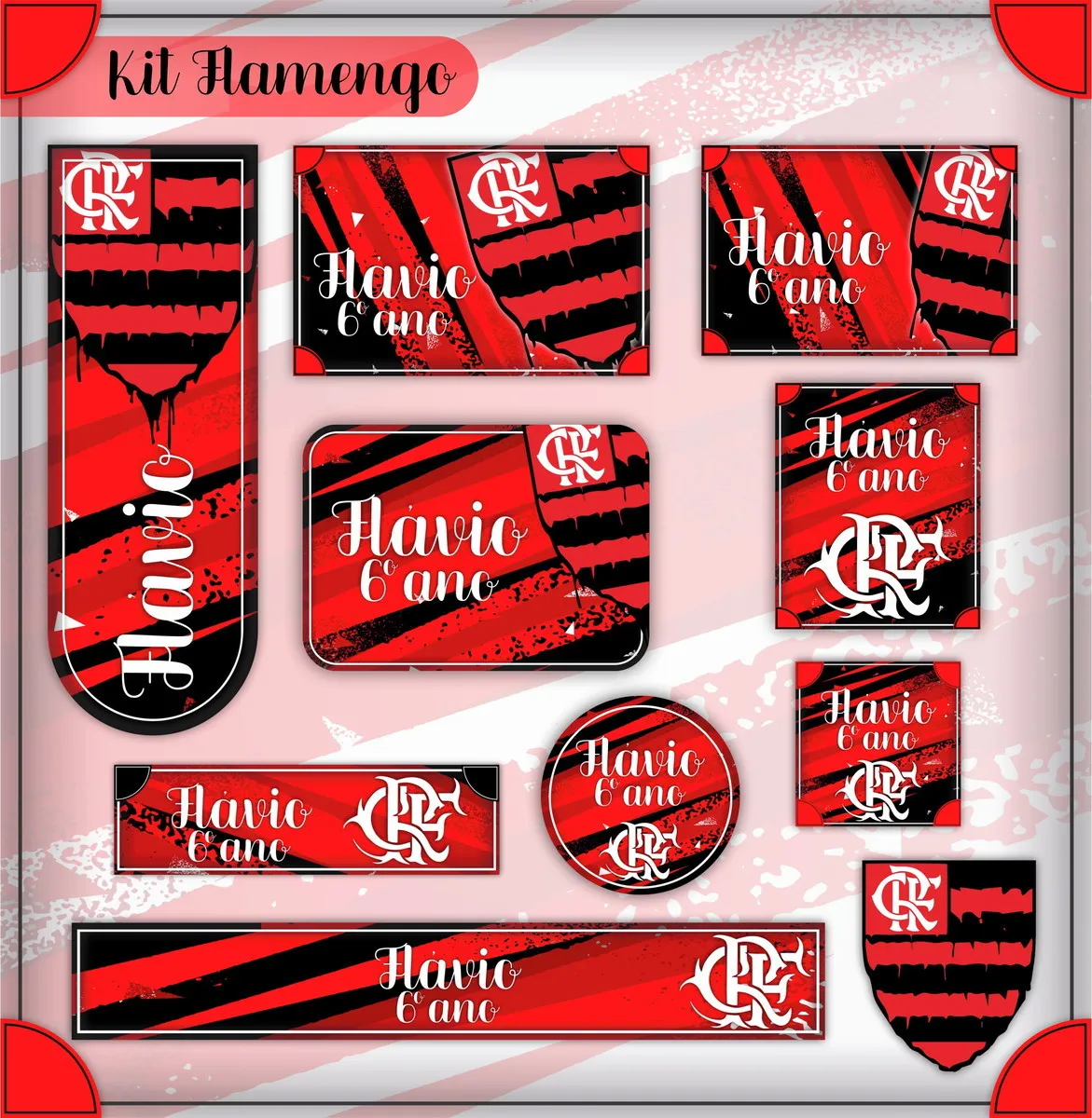 Kit de etiquetas escolares personalizadas do Flamengo para imprimir com escudo e elementos do time em alta resolução nos formatos PDF e PNG.